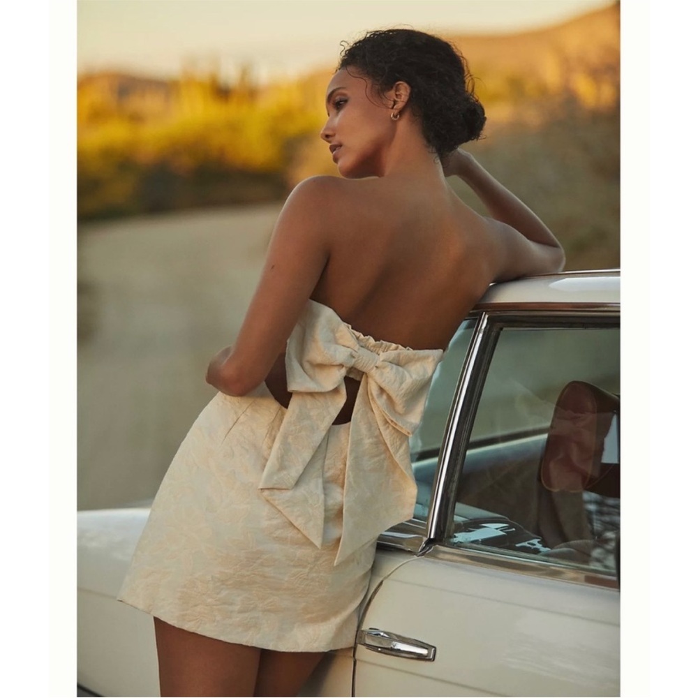 Anthropologie Cutout Back with Large Bow Textured Strapless Shift Mini‎ Dress 4P